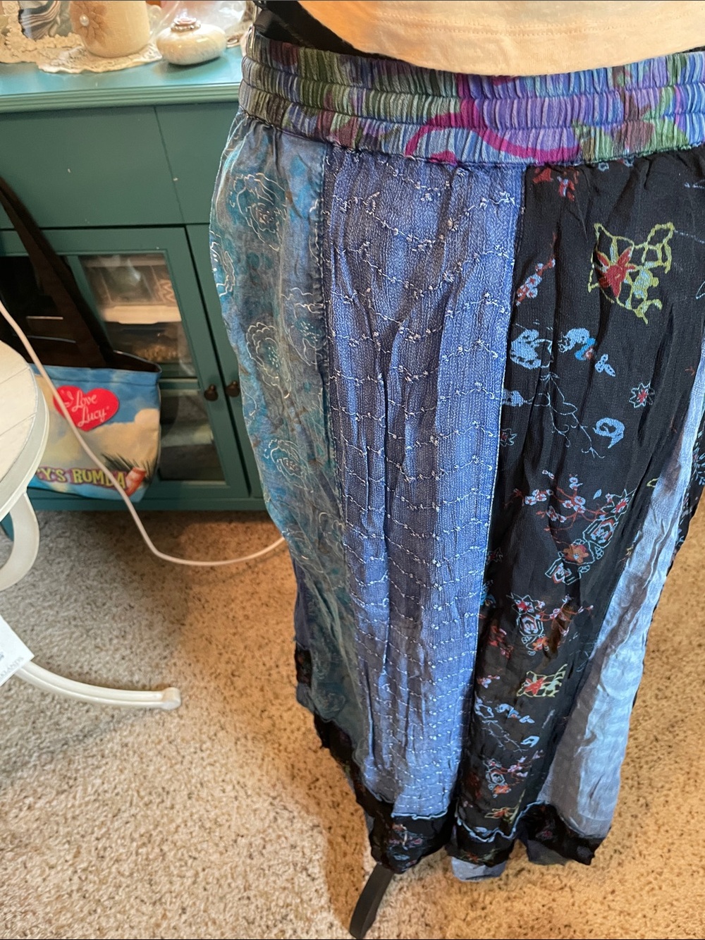 Boho Blue Patchwork Midi Skirt with Drawstring Waist Young Threads XL - Picture 8 of 16